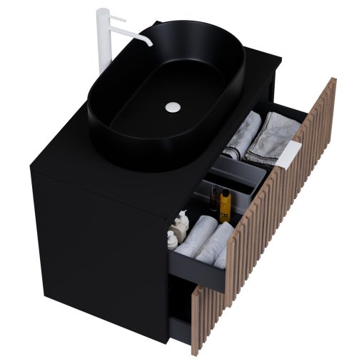 HD Rapallo Black-Oak 80 komplett fürdőszoba bútor szett fali mosdószekrénnyel, matt fehér fogantyúval, fekete mosdópulttal, tükörrel és magasszekrénnyel