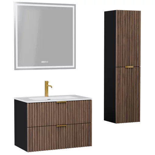HD Ravello Black-Oak 80 komplett fürdőszoba bútor szett fali mosdószekrénnyel, szálcsiszolt arany fogantyúkkal, fényes fehér slim mosdóval, tükörrel és magasszekrénnyel