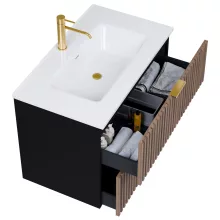 HD Ravello Black-Oak 80 komplett fürdőszoba bútor szett fali mosdószekrénnyel, szálcsiszolt arany fogantyúkkal, fényes fehér slim mosdóval, tükörrel és magasszekrénnyel