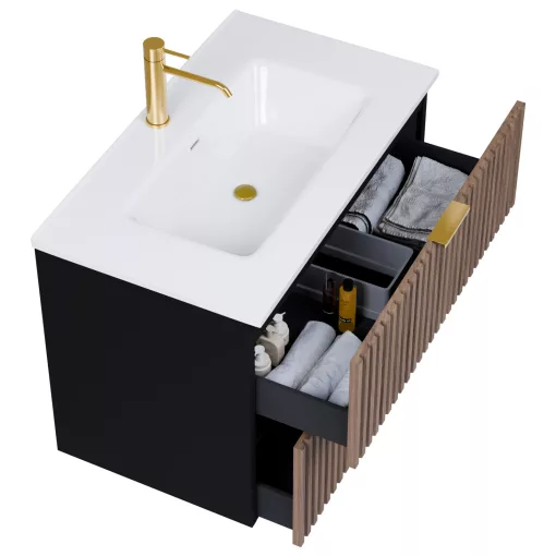 HD Ravello Black-Oak 80 komplett fürdőszoba bútor szett fali mosdószekrénnyel, szálcsiszolt arany fogantyúkkal, fényes fehér slim mosdóval, tükörrel és magasszekrénnyel