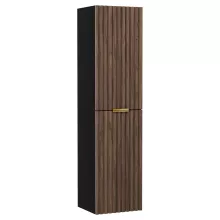 HD Ravello Black-Oak 80 komplett fürdőszoba bútor szett fali mosdószekrénnyel, szálcsiszolt arany fogantyúkkal, fényes fehér slim mosdóval, tükörrel és magasszekrénnyel