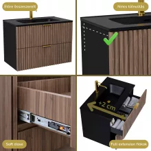 HD Ravello Black-Oak 80 komplett fürdőszoba bútor fali mosdószekrénnyel, szálcsiszolt arany fogantyúkkal, matt fekete slim mosdóval és tükörrel