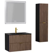 HD Ravello Black-Oak 80 komplett fürdőszoba bútor szett fali mosdószekrénnyel, szálcsiszolt arany fogantyúkkal, matt fekete slim mosdóval, tükörrel és magasszekrénnyel