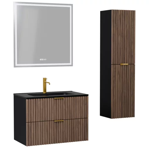 HD Ravello Black-Oak 80 komplett fürdőszoba bútor szett fali mosdószekrénnyel, szálcsiszolt arany fogantyúkkal, matt fekete slim mosdóval, tükörrel és magasszekrénnyel