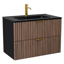 HD Ravello Black-Oak 80 komplett fürdőszoba bútor szett fali mosdószekrénnyel, szálcsiszolt arany fogantyúkkal, matt fekete slim mosdóval, tükörrel és magasszekrénnyel