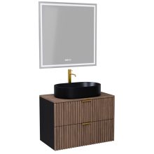 HD Rapallo Black-Oak 80 komplett fürdőszoba bútor fali mosdószekrénnyel, szálcsiszolt arany fogantyúkkal, tölgyfa színű mosdópulttal és tükörrel