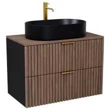 HD Rapallo Black-Oak 80 komplett fürdőszoba bútor fali mosdószekrénnyel, szálcsiszolt arany fogantyúkkal, tölgyfa színű mosdópulttal és tükörrel