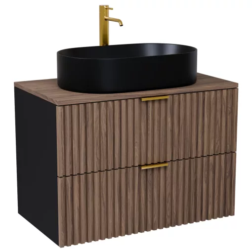 HD Rapallo Black-Oak 80 komplett fürdőszoba bútor fali mosdószekrénnyel, szálcsiszolt arany fogantyúkkal, tölgyfa színű mosdópulttal és tükörrel