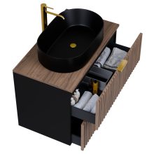 HD Rapallo Black-Oak 80 komplett fürdőszoba bútor fali mosdószekrénnyel, szálcsiszolt arany fogantyúkkal, tölgyfa színű mosdópulttal és tükörrel