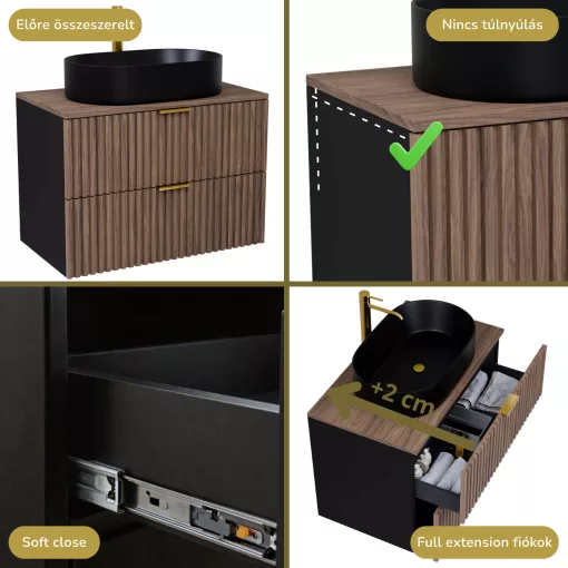 HD Rapallo Black-Oak 80 komplett fürdőszoba bútor fali mosdószekrénnyel, szálcsiszolt arany fogantyúkkal, tölgyfa színű mosdópulttal és tükörrel