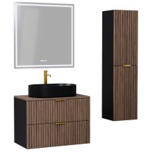 HD Rapallo Black-Oak 80 komplett fürdőszoba bútor szett fali mosdószekrénnyel, szálcsiszolt arany fogantyúval, tölgyfa színű mosdópulttal, tükörrel és magasszekrénnyel