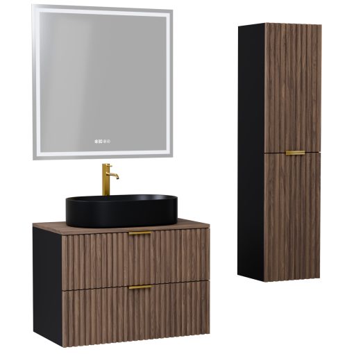 HD Rapallo Black-Oak 80 komplett fürdőszoba bútor szett fali mosdószekrénnyel, szálcsiszolt arany fogantyúval, tölgyfa színű mosdópulttal, tükörrel és magasszekrénnyel