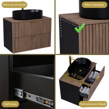 HD Rapallo Black-Oak 80 komplett fürdőszoba bútor szett fali mosdószekrénnyel, szálcsiszolt arany fogantyúval, tölgyfa színű mosdópulttal, tükörrel és magasszekrénnyel