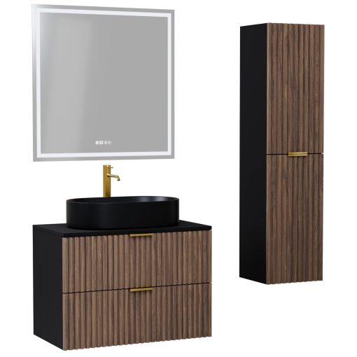 HD Rapallo Black-Oak 80 komplett fürdőszoba bútor szett fali mosdószekrénnyel, szálcsiszolt arany fogantyúval, fekete mosdópulttal, tükörrel és magasszekrénnyel