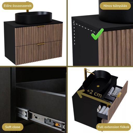 HD Rapallo Black-Oak 80 komplett fürdőszoba bútor szett fali mosdószekrénnyel, szálcsiszolt arany fogantyúval, fekete mosdópulttal, tükörrel és magasszekrénnyel