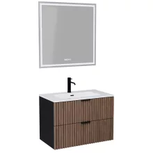HD Ravello Black-Oak 80 komplett fürdőszoba bútor fali mosdószekrénnyel, matt fekete fogantyúkkal, fényes fehér slim mosdóval és tükörrel