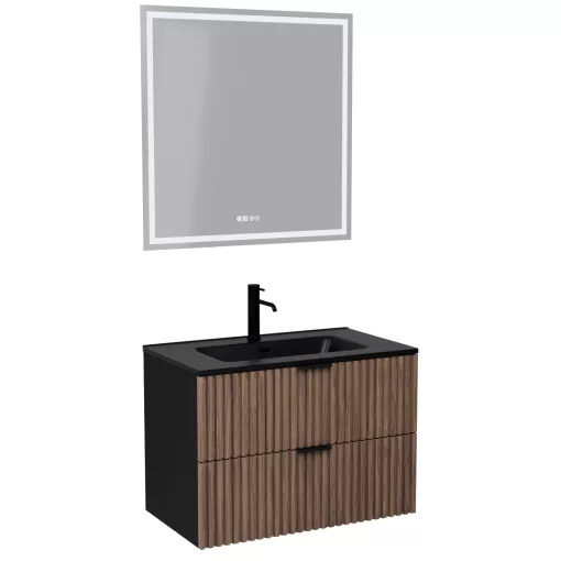 HD Ravello Black-Oak 80 komplett fürdőszoba bútor fali mosdószekrénnyel, matt fekete fogantyúkkal, matt fekete slim mosdóval és tükörrel