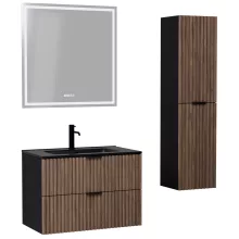 HD Ravello Black-Oak 80 komplett fürdőszoba bútor szett fali mosdószekrénnyel, matt fekete fogantyúkkal, matt fekete slim mosdóval, tükörrel és magasszekrénnyel