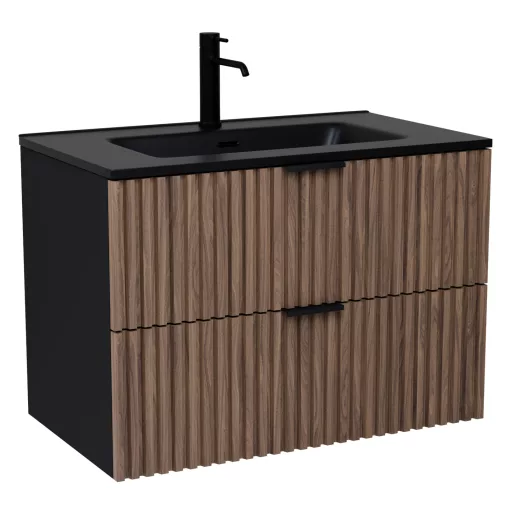 HD Ravello Black-Oak 80 komplett fürdőszoba bútor szett fali mosdószekrénnyel, matt fekete fogantyúkkal, matt fekete slim mosdóval, tükörrel és magasszekrénnyel