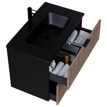 HD Ravello Black-Oak 80 komplett fürdőszoba bútor szett fali mosdószekrénnyel, matt fekete fogantyúkkal, matt fekete slim mosdóval, tükörrel és magasszekrénnyel