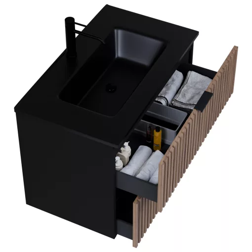 HD Ravello Black-Oak 80 komplett fürdőszoba bútor szett fali mosdószekrénnyel, matt fekete fogantyúkkal, matt fekete slim mosdóval, tükörrel és magasszekrénnyel