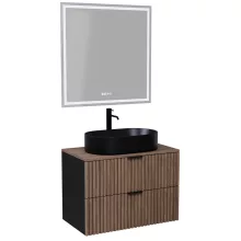 HD Rapallo Black-Oak 80 komplett fürdőszoba bútor fali mosdószekrénnyel, matt fekete fogantyúkkal, tölgyfa színű mosdópulttal és tükörrel