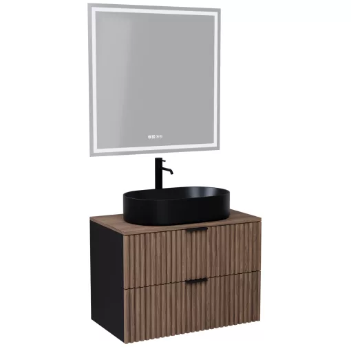 HD Rapallo Black-Oak 80 komplett fürdőszoba bútor fali mosdószekrénnyel, matt fekete fogantyúkkal, tölgyfa színű mosdópulttal és tükörrel