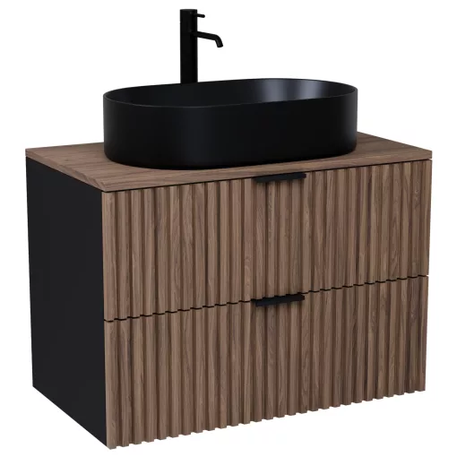 HD Rapallo Black-Oak 80 komplett fürdőszoba bútor fali mosdószekrénnyel, matt fekete fogantyúkkal, tölgyfa színű mosdópulttal és tükörrel