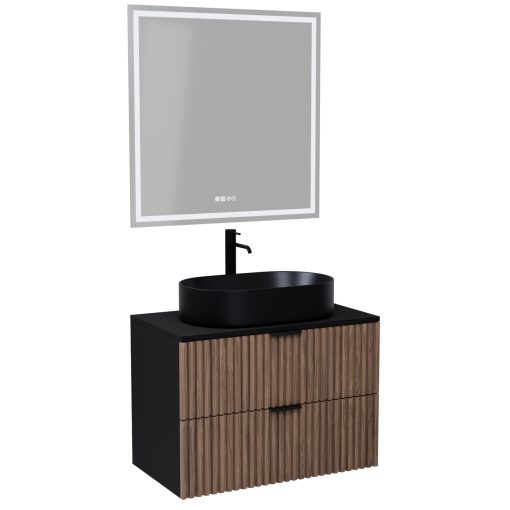 HD Rapallo Black-Oak 80 komplett fürdőszoba bútor fali mosdószekrénnyel, matt fekete fogantyúkkal, fekete mosdópulttal és tükörrel