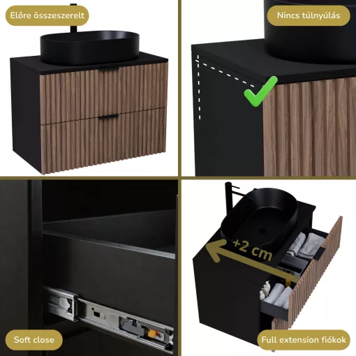 HD Rapallo Black-Oak 80 komplett fürdőszoba bútor fali mosdószekrénnyel, matt fekete fogantyúkkal, fekete mosdópulttal és tükörrel