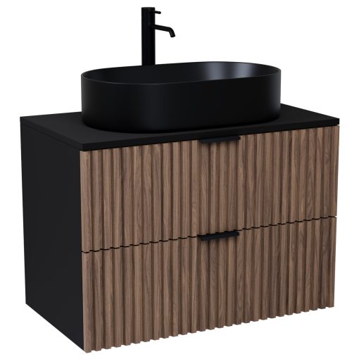 HD Rapallo Black-Oak 80 komplett fürdőszoba bútor szett fali mosdószekrénnyel, matt fekete fogantyúval, fekete mosdópulttal, tükörrel és magasszekrénnyel