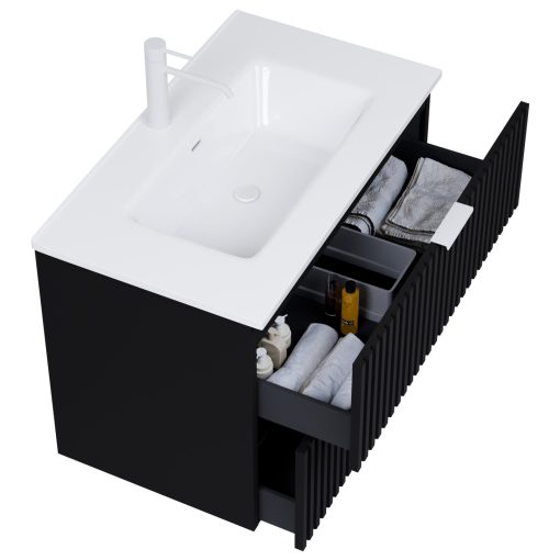 HD Ravello Matt Black 80 fali mosdószekrény matt fehér fogantyúkkal és fényes fehér slim mosdóval