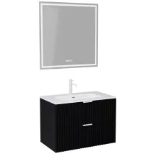 HD Ravello Matt Black 80 komplett fürdőszoba bútor fali mosdószekrénnyel, matt fehér fogantyúkkal, fényes fehér slim mosdóval és tükörrel