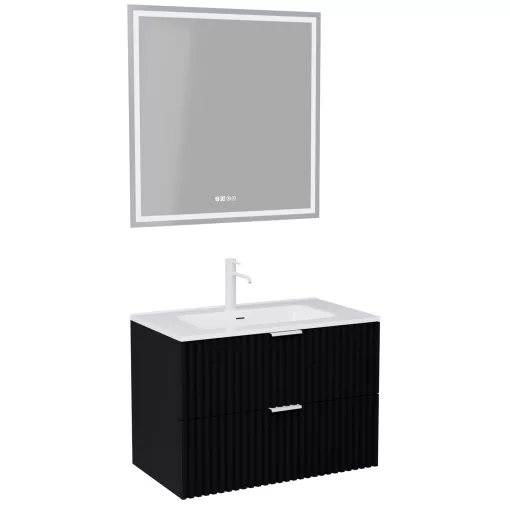 HD Ravello Matt Black 80 komplett fürdőszoba bútor fali mosdószekrénnyel, matt fehér fogantyúkkal, fényes fehér slim mosdóval és tükörrel