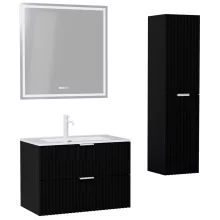 HD Ravello Matt Black 80 komplett fürdőszoba bútor szett fali mosdószekrénnyel, matt fehér fogantyúkkal, fényes fehér slim mosdóval, tükörrel és magasszekrénnyel