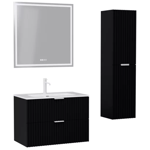 HD Ravello Matt Black 80 komplett fürdőszoba bútor szett fali mosdószekrénnyel, matt fehér fogantyúkkal, fényes fehér slim mosdóval, tükörrel és magasszekrénnyel