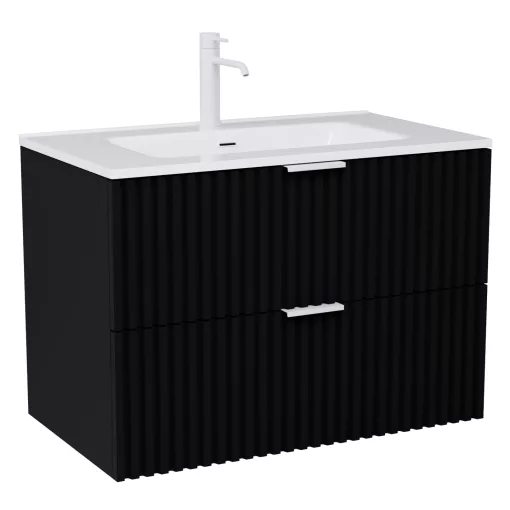 HD Ravello Matt Black 80 komplett fürdőszoba bútor szett fali mosdószekrénnyel, matt fehér fogantyúkkal, fényes fehér slim mosdóval, tükörrel és magasszekrénnyel