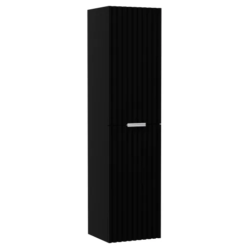 HD Ravello Matt Black 80 komplett fürdőszoba bútor szett fali mosdószekrénnyel, matt fehér fogantyúkkal, fényes fehér slim mosdóval, tükörrel és magasszekrénnyel