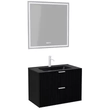 HD Ravello Matt Black 80 komplett fürdőszoba bútor fali mosdószekrénnyel, matt fehér fogantyúkkal, matt fekete slim mosdóval és tükörrel