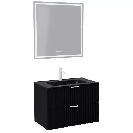 HD Ravello Matt Black 80 komplett fürdőszoba bútor fali mosdószekrénnyel, matt fehér fogantyúkkal, matt fekete slim mosdóval és tükörrel