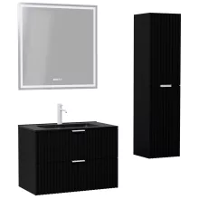 HD Ravello Matt Black 80 komplett fürdőszoba bútor szett fali mosdószekrénnyel, matt fehér fogantyúkkal, matt fekete slim mosdóval, tükörrel és magasszekrénnyel