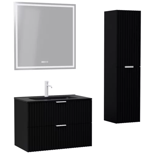 HD Ravello Matt Black 80 komplett fürdőszoba bútor szett fali mosdószekrénnyel, matt fehér fogantyúkkal, matt fekete slim mosdóval, tükörrel és magasszekrénnyel