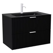 HD Ravello Matt Black 80 komplett fürdőszoba bútor szett fali mosdószekrénnyel, matt fehér fogantyúkkal, matt fekete slim mosdóval, tükörrel és magasszekrénnyel