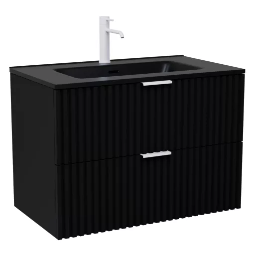 HD Ravello Matt Black 80 komplett fürdőszoba bútor szett fali mosdószekrénnyel, matt fehér fogantyúkkal, matt fekete slim mosdóval, tükörrel és magasszekrénnyel