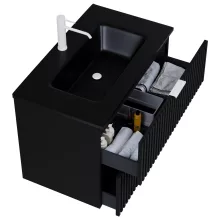 HD Ravello Matt Black 80 komplett fürdőszoba bútor szett fali mosdószekrénnyel, matt fehér fogantyúkkal, matt fekete slim mosdóval, tükörrel és magasszekrénnyel