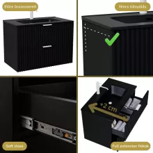 HD Ravello Matt Black 80 komplett fürdőszoba bútor szett fali mosdószekrénnyel, matt fehér fogantyúkkal, matt fekete slim mosdóval, tükörrel és magasszekrénnyel