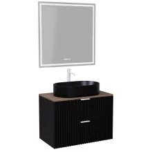 HD Rapallo Matt Black 80 komplett fürdőszoba bútor fali mosdószekrénnyel, matt fehér fogantyúkkal, tölgyfa színű mosdópulttal és tükörrel