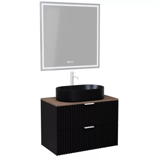 HD Rapallo Matt Black 80 komplett fürdőszoba bútor fali mosdószekrénnyel, matt fehér fogantyúkkal, tölgyfa színű mosdópulttal és tükörrel