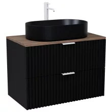 HD Rapallo Matt Black 80 komplett fürdőszoba bútor szett fali mosdószekrénnyel, matt fehér fogantyúval, tölgyfa színű mosdópulttal, tükörrel és magasszekrénnyel