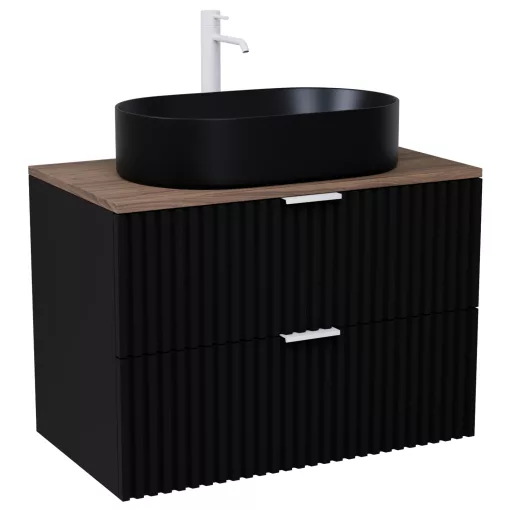 HD Rapallo Matt Black 80 komplett fürdőszoba bútor szett fali mosdószekrénnyel, matt fehér fogantyúval, tölgyfa színű mosdópulttal, tükörrel és magasszekrénnyel